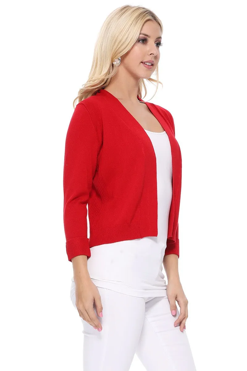 YEMAK Women's Classic 3/4 Sleeve Open Front Cropped Bolero Cardigan MK3558 (S-L)